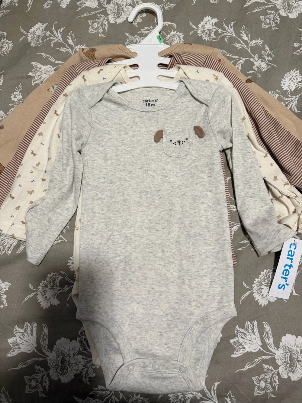 Carter's Light Gray Heather Long-Sleeve Baby Bodysuit with Puppy Detail